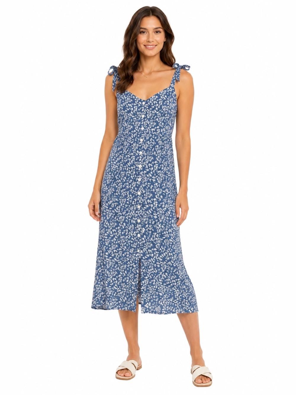 GAP Cottagecore Floral Midi Dress Button Front Adjustable Tie Straps Size‎ 10